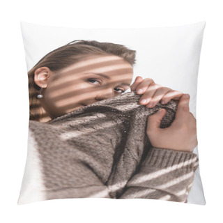 Personality  Attractive Overweight Girl Obscuring Face With Grey Sweater And Looking At Camera On White With Sunlight And Shadows Pillow Covers