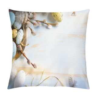 Personality  Easter Background With Easter Eggs And Spring Flowers. Top View  Pillow Covers