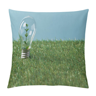 Personality   Light Bulb With Plant On Green Grass And Blue Background Pillow Covers