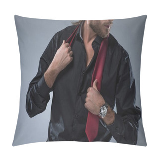 Personality  Cropped Image Of Bearded Man In Black Shirt With Red Tie Around His Neck,  Isolated On Gray  Pillow Covers