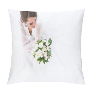 Personality  Overhead View Of Young Bride In Dress Holding Wedding Bouquet, Isolated On White Pillow Covers