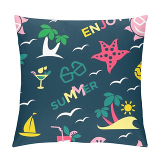 Personality  Enjoy Summer Seamless Pattern With Palms On Island, Small Sailboat, Big Starfish, Cocktail With Straw, Modern Sunglasses, Yellow Pineapple And Bright Sun. Creative Endless Texture Vector Illustration. Pillow Covers