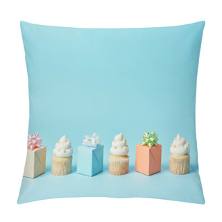 Personality  Delicious Cupcakes And Diffrent Gifts On Blue Background Pillow Covers