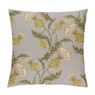 Personality  Hand Drawn Composition Of A Thistle Flower. Seamless Pattern With Milk Thistle On Background Of Pastel Colors. Pillow Covers