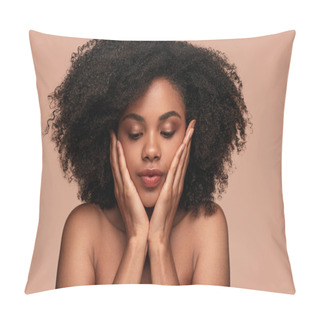 Personality  Young Female Model With Perfect Dark Skin Touching Face Pillow Covers