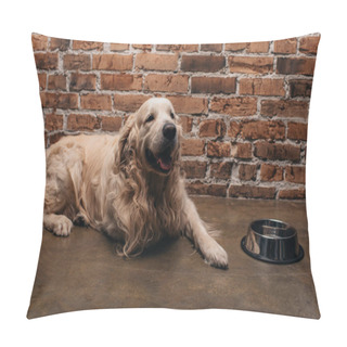 Personality  Cute Golden Retriever Lying Near Bowl And Brick Wall At Home Pillow Covers