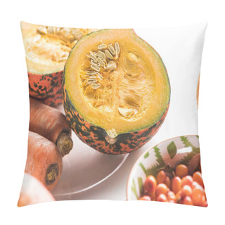 Personality  Pumpkin Halves And Carrots On Plate On Marble Surface Pillow Covers