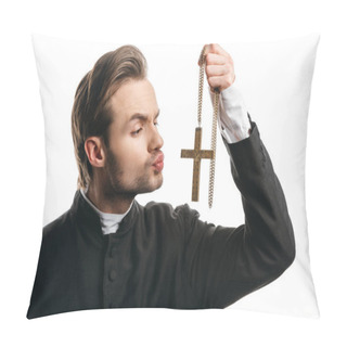 Personality  Young Insincere Catholic Priest Going To Kiss Golden Cross Isolated On White Pillow Covers