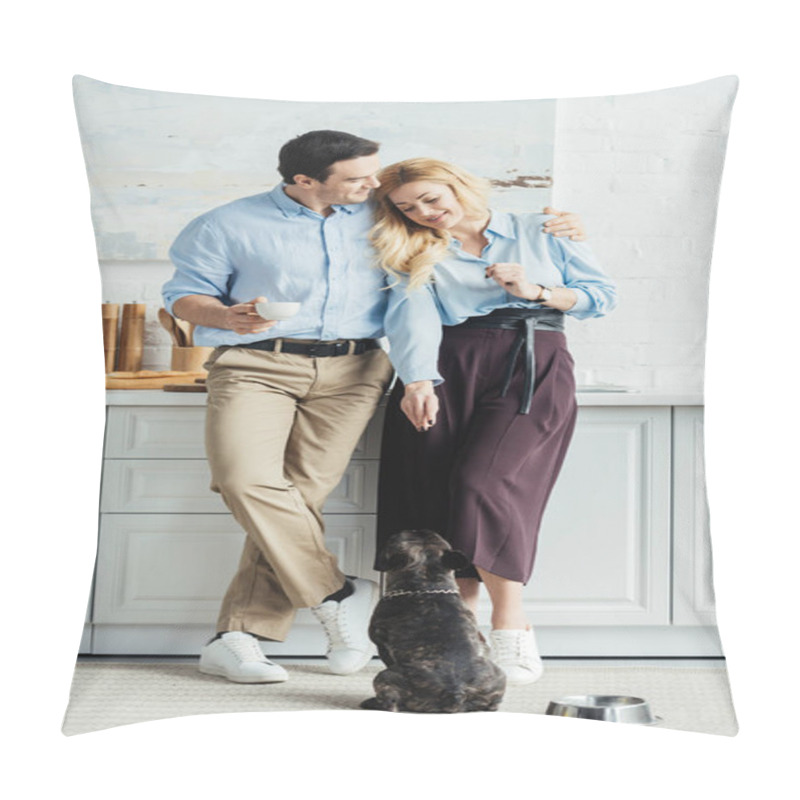 Personality  Man And Woman Drinking Coffee By Their Dog Pet On Kitchen Pillow Covers