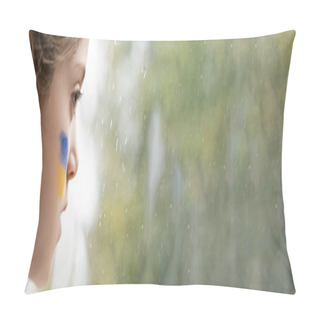 Personality  Profile Of Girl With Ukrainian Flag On Face Looking Through Wet Window Glass, Banner Pillow Covers