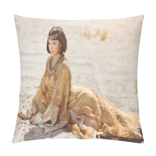 Personality  Beautiful Woman Like Egyptian Queen Cleopatra Laying In Desert Outdoor. Pillow Covers