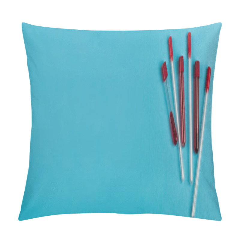 Personality  Top View Of Blood Samples Near Throat Swabs On Blue Background, Banner  Pillow Covers