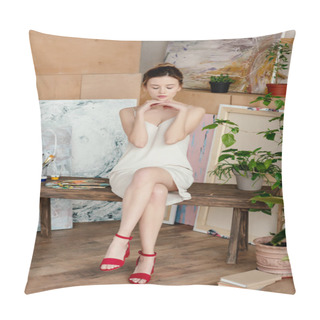 Personality  Full Length View Of Beautiful Tender Young Artist Sitting With Closed Eyes In Studio Pillow Covers