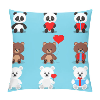 Personality  Set Of Isolated Cute Holiday Bears In Sitting Pose With Gifts And Hearts Brown Bear, Polar Bear, Panda On Blue Background In Cartoon Flat Style. Vector Clip Art Illustration. Pillow Covers