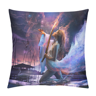 Personality  Fantasy Art Beauty Girl Holding Magic Sword And Let A Tropical Red Butterfly Go Away To The Sky Pillow Covers
