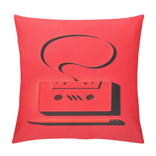 Personality  Toned Red Picture Of Pencil And Retro Audio Cassette With Speech Bubble Pillow Covers