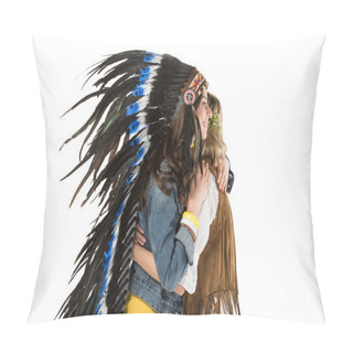 Personality  Two Bisexual Hippie Girls In Indian Headdress And Wreath Embracing Isolated On White Pillow Covers