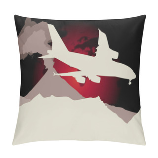 Personality  An Abstract Vector Illustration Of An Airplane And A Landscape, Containing An Active Volcano. Pillow Covers