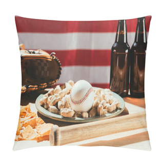 Personality  Close-up View Of Baseball Ball On Plate With Peanuts, Bat And Beer Bottles, Leather Glove And American Flag Pillow Covers
