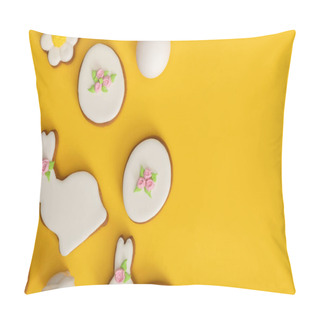 Personality  Top View Of Chicken Egg, Cookies And Decorative Bunny On Yellow Background Pillow Covers