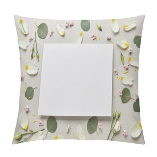 Personality  Top View Of Blank White Card With Leaves And Petals Isolated On Grey  Pillow Covers