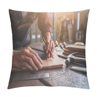 Personality  Carpenter Working With Equipment On Wooden Table In Carpentry Sh Pillow Covers