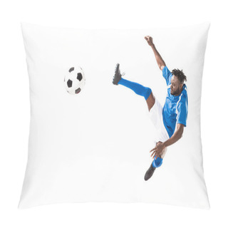 Personality  Athletic African American Sportsman Jumping And Hitting Soccer Ball Isolated On White Pillow Covers