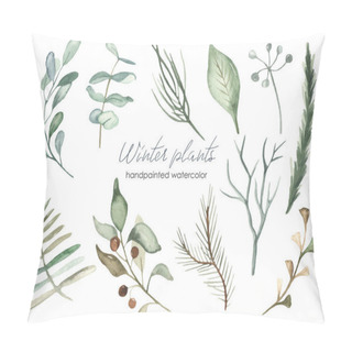 Personality  Winter Christmas Plants Of Green Color, Leaves, Branches, Foliage, Pine, Spruce Watercolor Set  Pillow Covers