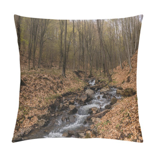 Personality  River And Stones Near Fallen Leaves In Mountain Forest  Pillow Covers