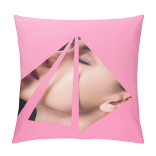 Personality  Female Face With Closed Eyes Across Triangular Holes In Pink Paper On Black Background Pillow Covers