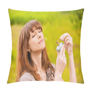 Personality  Young Woman Putting Scent On Herself Pillow Covers