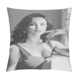 Personality  Girl With Long Brunette Hair Stand At Window On Daylight Pillow Covers
