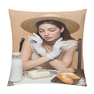 Personality  Brunette Woman In Straw Hat And Gloves Looking At Food And Milk On Table Isolated On Beige  Pillow Covers