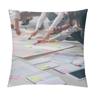 Personality  Cropped View Of Scrum Masters Pointing With Fingers At Floor With Sticky Notes Near Documents  Pillow Covers