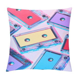 Personality  Top View Of Arranged Colorful Audio Cassettes On Purple Background Pillow Covers
