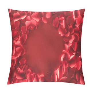 Personality  Top View Of Beautiful Round Frame From Decorative Heart Shaped Petals On Red Background  Pillow Covers