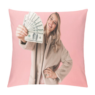 Personality  Young Pretty Woman Posing Isolated Over Pink Wall Background Holding Money. Pillow Covers