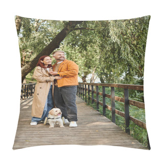 Personality  A Man And Woman With A Dog Stand On A Bridge, Enjoying A Leisurely Stroll. Pillow Covers