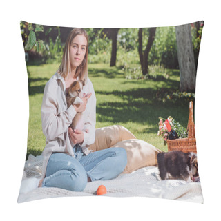 Personality  Attractive Blonde Girl Sitting On White Blanket In Garden With Adorable Welsh Corgi Puppies Pillow Covers