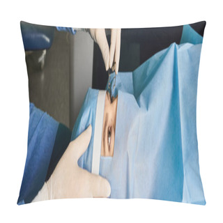 Personality  Hard Working Doctor Performing Laser Vision Correction On Womans Face. Pillow Covers
