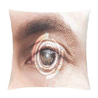 Personality  Close Up View Of Man Brown Eye With Data Illustration, Robotic Concept Pillow Covers