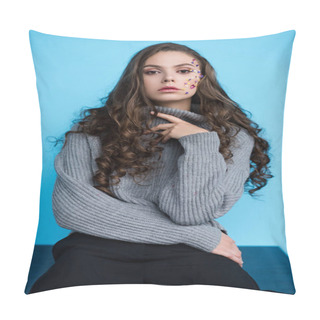 Personality  Stylish Long Haired Young Woman With Flowers On Face In Sweater Sitting On Table Isolated On Blue Pillow Covers