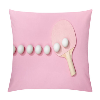 Personality  Flat Lay With White Table Tennis Balls And Racket On Pink Background Pillow Covers