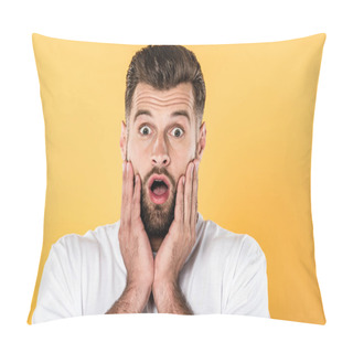Personality  Scared Handsome Man In White T-shirt With Open Mouth Isolated On Yellow Pillow Covers