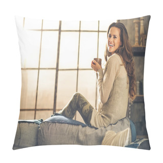 Personality  Profile Shot, Woman Smiling Looking Over Shoulder Holding Cup Pillow Covers