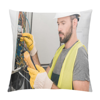 Personality  Handsome Electrician Checking Electrical Panel With Multimetr In Corridor Pillow Covers