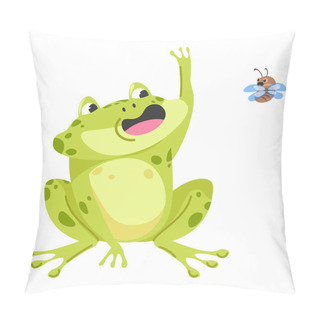 Personality  Toad Or Frog Sitting With Open Mouth Trying To Catch Fly. Playful Water And Terrestrial Realms Creature. Amphibian Or Polliwog Playing With Insect. Funny Aquatic Animal Character. Vector In Flat Style Pillow Covers