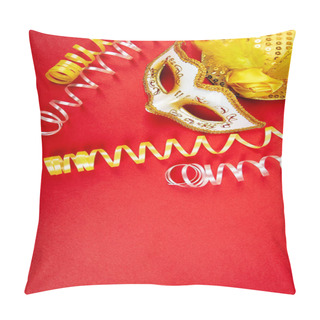 Personality  Yellow And White Carnival Mask On Red Background. Top View Image Of Masquerade Background. Flat Lay. Mardi Gras Celebration Concept. Copy Space. Pillow Covers