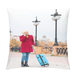 Personality  Senior Woman With Suitcase And Smartphone Pillow Covers