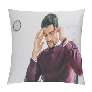Personality  Tired Businessman In Burgundy Sweater Having Headache In Office  Pillow Covers